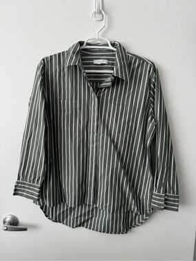 Ann Taylor Olive Green and White Striped Button-Down Shirt